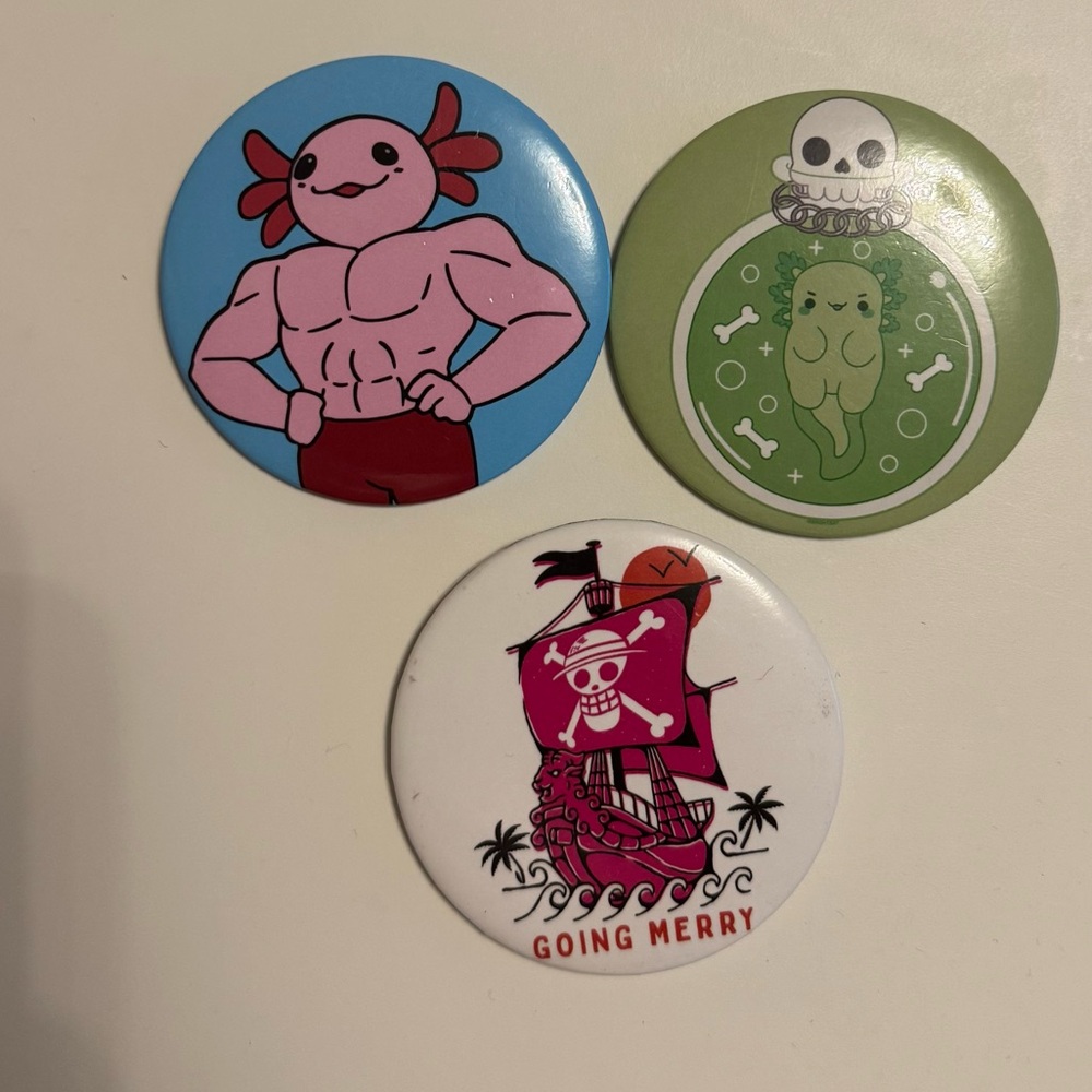 🧷 Cute Anime Pin Lot – Axolotl, Going Merry, Kawaii 3” Button Pins